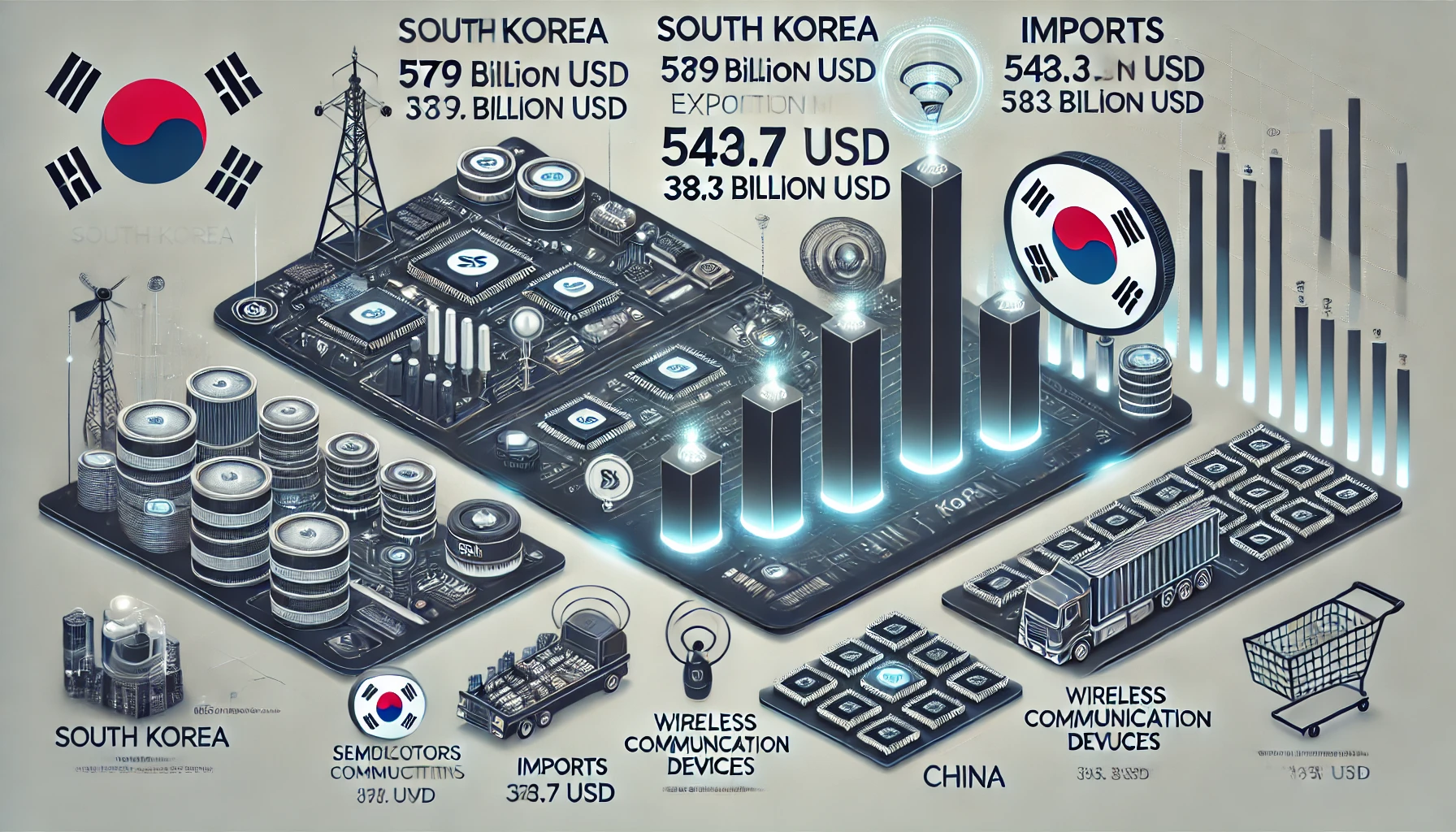 2024년 8월 대한민국 수출입 동향을 시각적으로 표현한 인포그래픽. 수출(579억 달러)과 수입(540.7억 달러)의 차이를 보여주는 바 그래프와 함께 무역수지 흑자(38.3억 달러)를 강조. 반도체(38.8% 성장)와 무선통신기기(50.4% 성장)를 상징하는 아이콘이 포함되어 있으며, 주요 수출 시장으로 미국과 중국이 강조된 현대적이고 세련된 디자인.